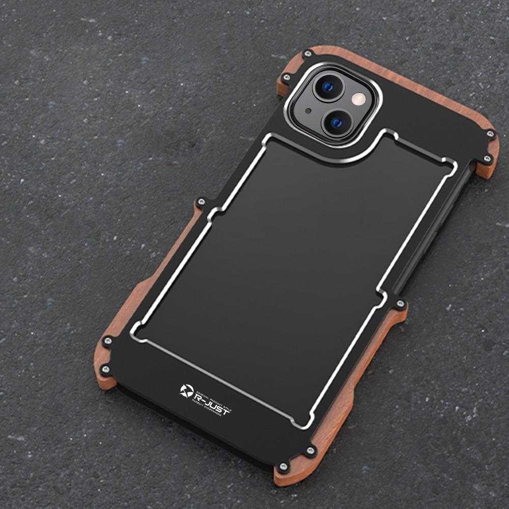 iPhone 13 Series R-Just Aluminium & Natural Wood Anti-shock Bumper Case casemarts
