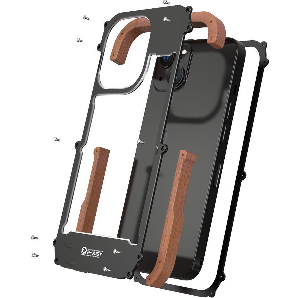 iPhone 13 Pro R-Just Aluminium & Natural Wood Anti-shock Bumper Case casemarts
