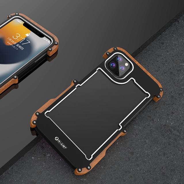 iPhone 13 Pro R-Just Aluminium & Natural Wood Anti-shock Bumper Case casemarts